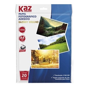 PAPEL FOTOGRAFICO GLOSSY INKJET ADESIVO A4 135G C/20FLS KZ2040 KAZ