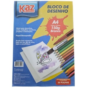 Bloco Para Desenho A4 Branco 150GR Com 20 Folhas KAZ