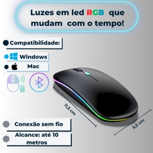Mouse Sem Fio Optico Recarregavel 2.4GHz 1600DPI Dual Band Bluetooth e Wireless Com Led RGB MS-S350L