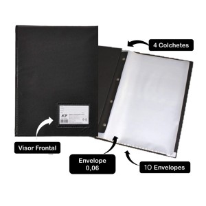 Pasta Catalogo Portfolio OF 10 Envelopes 0,06 Fino Preta Com Visor Com Colchete Ref.123 ACP