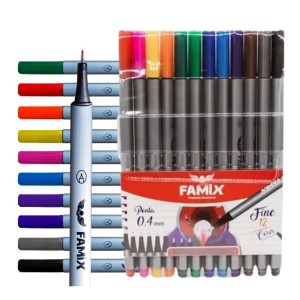 Caneta hidrográfica 0.4mm Kit Com 12 Cores Fine - FAMIX