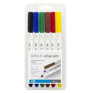 Caneta Hidrográfica Kit Com 6 Cores E 2 Pontas Graf Calligraphy - CIS