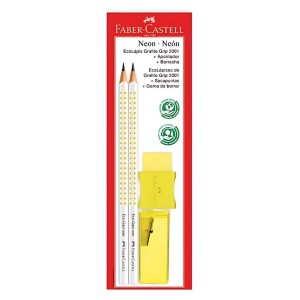KIT 2 Lápis Grip Amarelo Neon +Borracha +Apontador - FABER CASTELL
