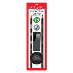 KIT 2 Lápis Grip Preto +Borracha +Apontador - FABER CASTELL