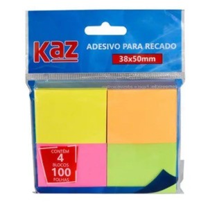 Bloco Adesivo 38X50mm Cores Neon C/4 Blocos C/100 Folhas KAZ