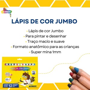 Lapis De Cor 12 Cores Jumbo Redondo + Apontador Acrilex
