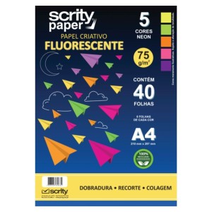 Bloco Criativo Lumi A4 5 Cores 40 Folhas Papel Fluorescente SCRITY